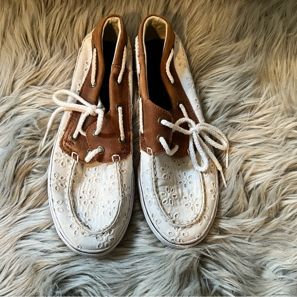 Sperry shoes, white and brown with floral pattern